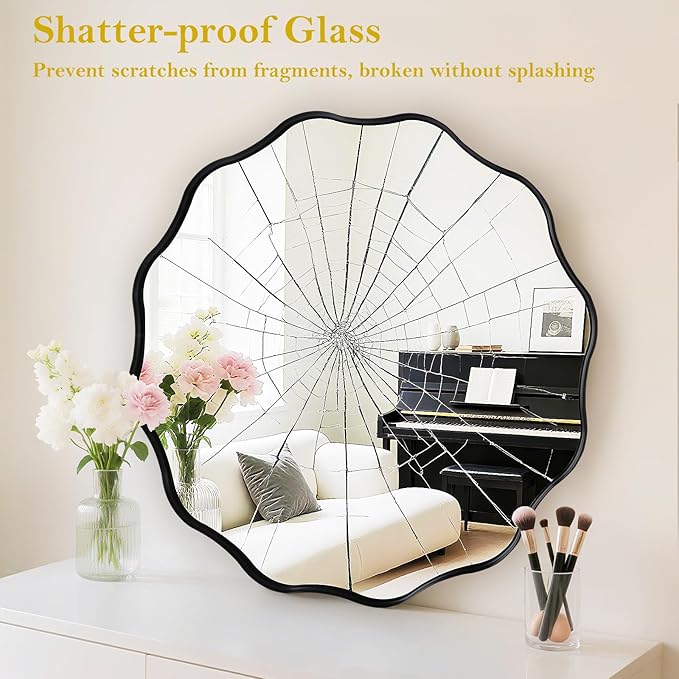 Fabuady Black Round Wavy Edge Mirror - 30'' Circle Wall Mirror with Metal Frame, Decorative Hanging/Leaning Mirror for Bathroom, Bedroom, Living Room, Hallway, Entryway, Office, Home Decor