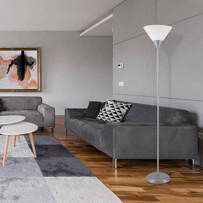 GLOBE Electric 677150 Elliott 72" Floor Lamp, Silver, White Plastic Shade, On/Off Rotary Switch on Shade, Standing, Living Room Decor, Bedroom, Tall, Corner Light