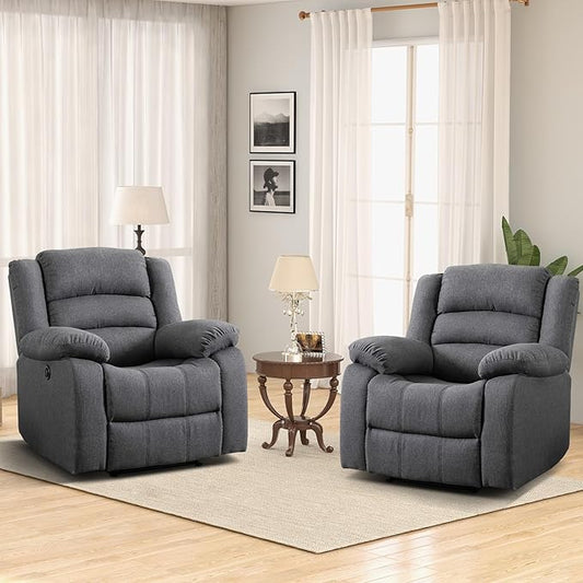 EBELLO Classic Power Recliner Chair, Oversized Electric Reclining Chair with Overstuffed Cushion and Back, Soft Fabric Adults Single Recliner Sofa for Living Room, Set of 2 Grey