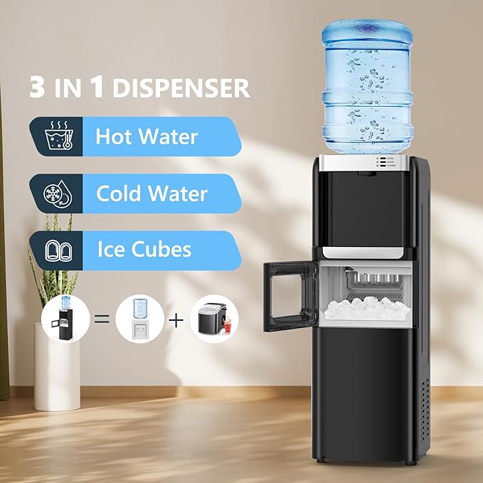 COWSAR 3-in-1 Water Cooler with Ice Maker, Hot & Cold Top Loading, Water Dispenser for 5 Gallon Bottle, 33LBS/24H Ice Maker with Child Safety Lock, Black