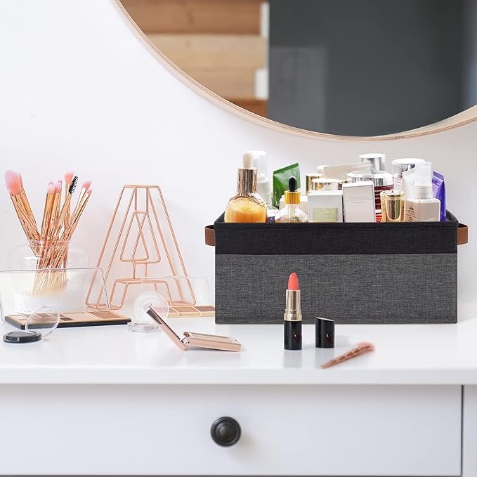 GhvyenntteS Small Fabric Storage Bins 12 Pack, 11.8" x 7.87" x 5.11" Storage Basket with Leather Handles, Closet Storage Bins for Shelves, Storage Baskets for Shelves, DVD Storage (Grey/Black)