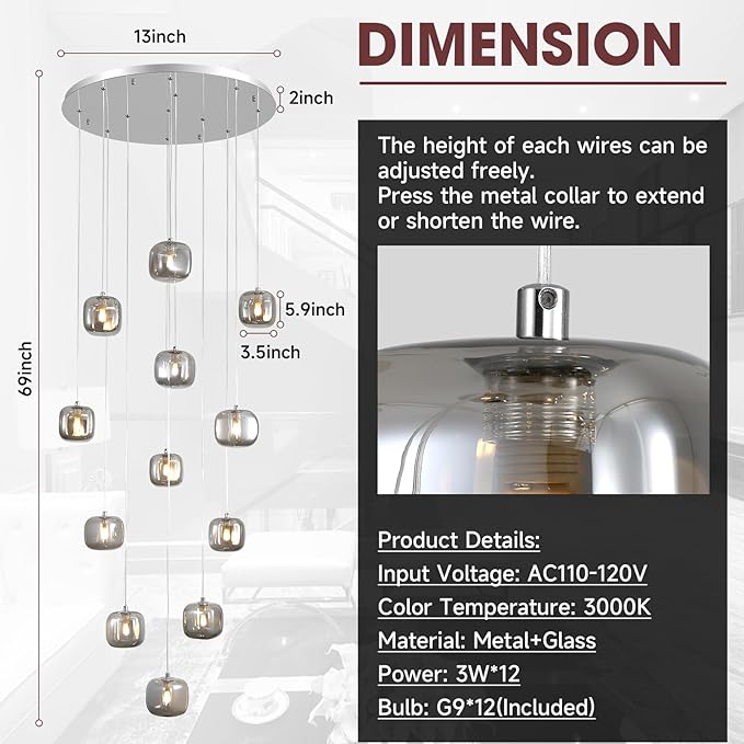 Flush Mount Chandelier,Crystal Pendant Light with 12 G9 LED Bulbs,Chandelier Hanging Flush Mount Lighting Fixtures for Spiral Staircase,Foyer,Entryway,Living Room(12 Lights,3000K)