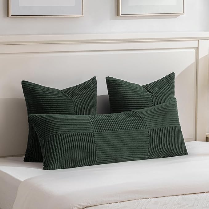 Fancy Homi Set of 2 Dark Green Boho Long Lumbar Body Decorative Throw Pillow Cover 14x36 Inch for Bed Couch Bedroom Bench, Soft Patchwork Corduroy Textured Pillow Case, Rustic Farmhouse Room Decor