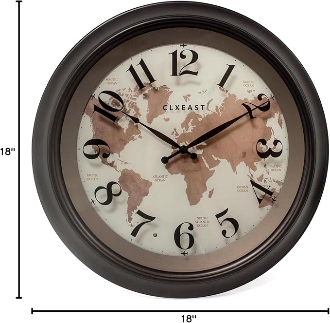 CLXEAST 18 Inch Illuminated Wall Clock with Smart LED Light Sensor, Large Modern World Map Wall Clocks for Living Room Decor,Oil Rubbed Bronze,Unique House Warming Gifts