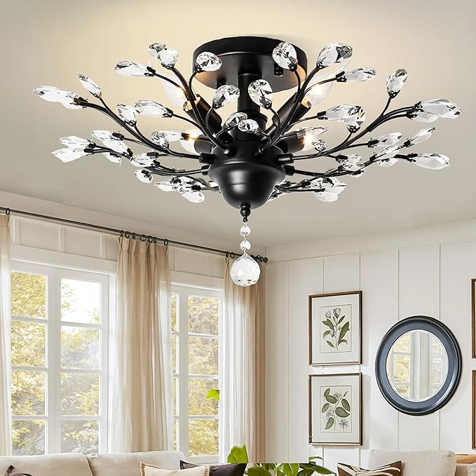 Ganeed Crystal Chandeliers,Vintage K9 Clear LED Ceiling Lighting,Edison Pendant Light Flush Mounted Fixture with 4 Light for Living Room Dinning Room Restaurant Porch Hallway (Black)