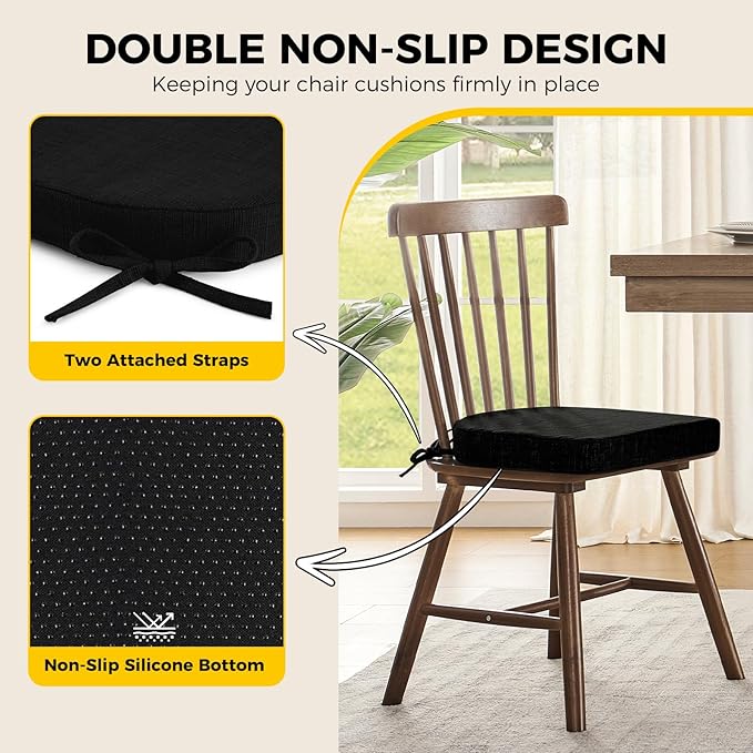 downluxe Indoor Chair Cushions for Dining Chairs, Soft and Comfortable Textured Foam Kitchen Chair Pads with Ties and Non-Slip Backing, 16" x 16" x 2", Black, 4 Pack