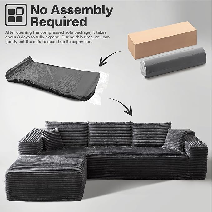 104" Cloudy Sectional L Shaped Couch for Living Room, No Assembly Required, Modular Comfy Sofa with Deep Seat, Fluffy Couch with Sleeper Chaise for Apartment Lounge (Grey)