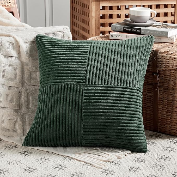 Fancy Homi Set of 2 Dark Green Decorative Throw Pillow Covers 28x28 Inch for Bedroom Couch Bed, Boho Farmhouse Forest Green Home Decor, Soft Corss Corduroy Patchwork Textured Cushion Case 71x71 cm