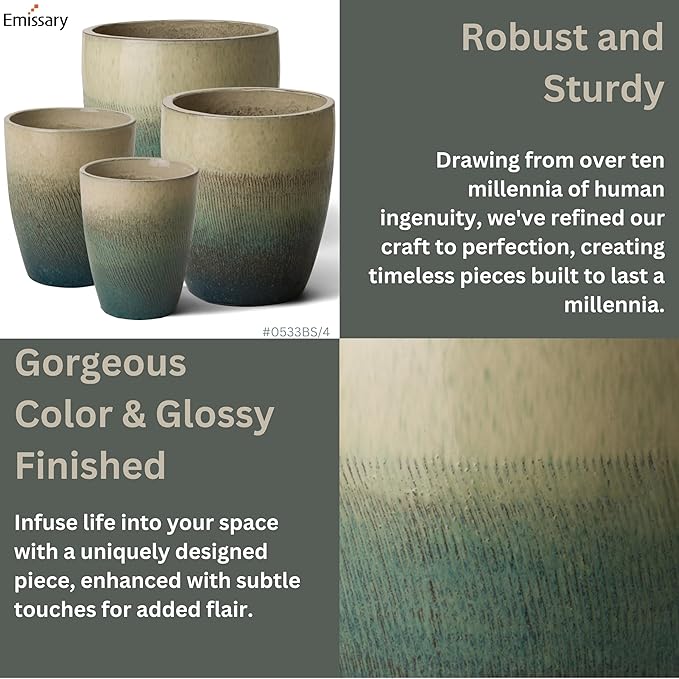 Emissary Bullet 14 in. Bayside Green Ceramic Round Planter (14 in. L x 14 in. W x 15.5 in. H) with Drainage Hole