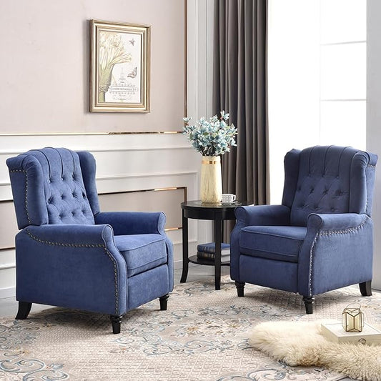 EBELLO 2 Pcs Pushback Recliner Chairs, Fabric Armchair Push Back Recliner with Rivet Decoration, Single Sofa Accent Chair for Living Room, Bedroom, Blue