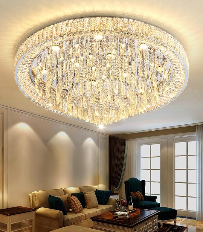 Crystal Chandeliers Modern LED Dimmable Flush Mount Ceiling Chandeliers for Living Room High Ceiling Entrance Foyer Bedroom Dining Room