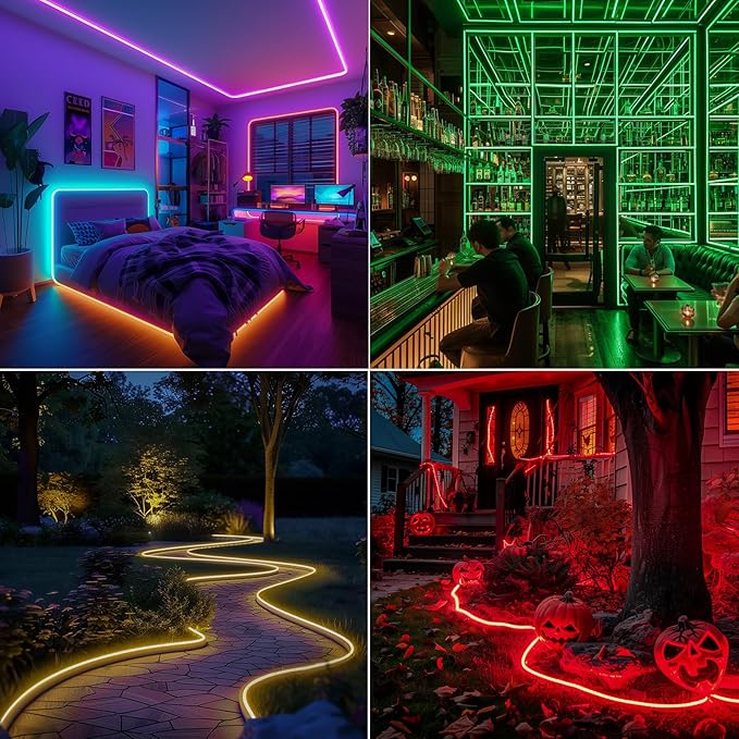 GZBtech RGB LED Neon Rope Lights 50FT/15M, AC 110-120V Waterproof Color Changing LED Rope with Remote Controller, Dimmable Multi Color Neon Rope Lighting for Indoor Outdoor Commercial Use