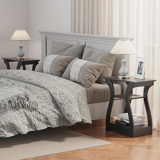 End Table with Charging Station, Side Table with USB Ports and Outlets, Nightstand, 3 Tier End Table with Storage Shelf for Living Room, Bedroom (Black)