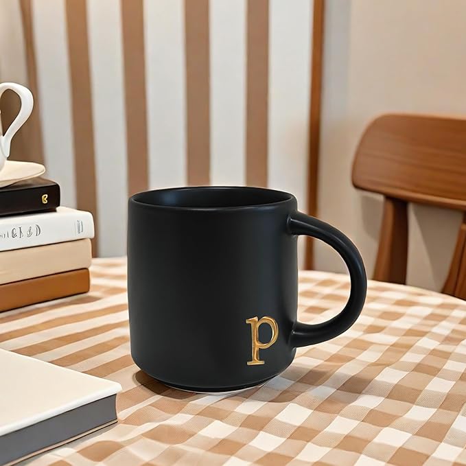 COLLECTIVE HOME - Black Monogram Ceramic Mugs, 15 oz Golden Initial Coffee Cups, Elegant Alphabet Tea Mugs, Personalized Halloween Mug with Gift Box, Perfect for Office and Home Décor (p)