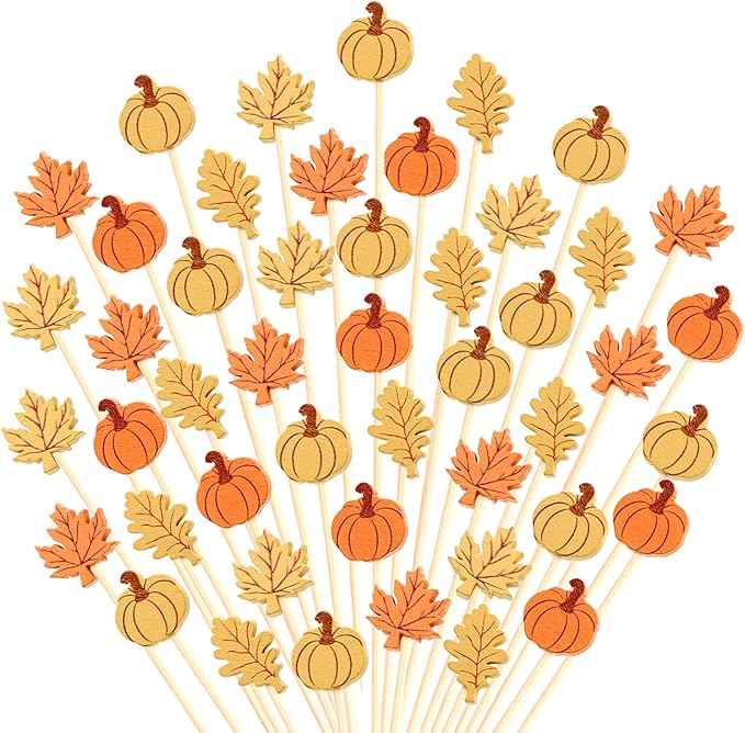 Fall Cocktail Picks Pumpkin Maple Leaf Assorted Autumn Theme Toothpicks Fruit Drinks Dessert Sticks Food Sandwich Appetizer Charcuterie Skewers, for Thanksgiving Decorations Party Supplies (200)