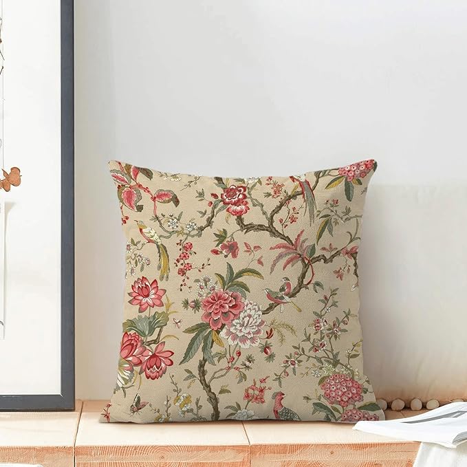 CXMEIFLY Spring Floral Birds Pillow Covers 20 x 20 Inch Set of 2 for Chinoiserie Flowers Decor Throw Pillows Pink Red Plant Outdoor Decorative Cushion Cases for Couch Bed Decorations