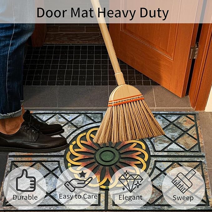 Door Mat Welcome Mat, Heavy Duty Door Mat 17.7 x 29.5 Inch Front Door Mat Rug Doormat for Outdoor Entrance Home Non-Slip Rubber Rug for Front Door, Outside, Entryway, Patio (Flower)