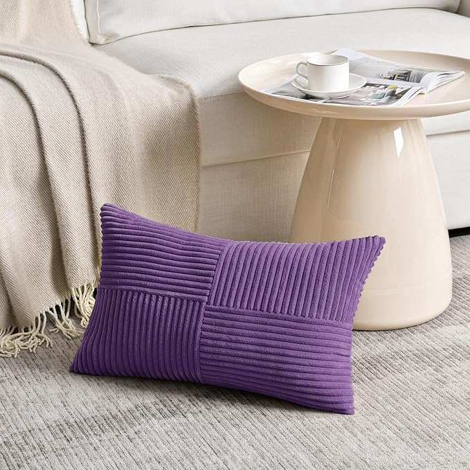 Fancy Homi 2 Packs Purple Long Lumbar Decorative Throw Pillow Covers 12x24 Inch for Living Room Couch Bed, Farmhouse Boho Home Decor, Soft Striped Corduroy Rectangle Accent Cushion Case 30x60 cm