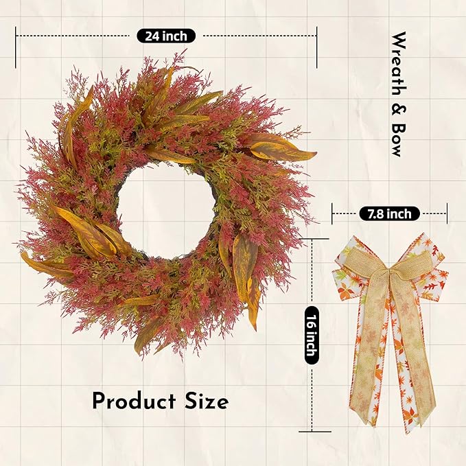 CYANBLOOM Front-Door Cedar Fall Wreaths: 24 Inch Large Wreath with Burlap Bow - Weatherproof Outdoor Porch Decor - Ideal Stress Relief Rustic Greenery for Autumn Holiday (Thanksgiving/Halloween 2025)