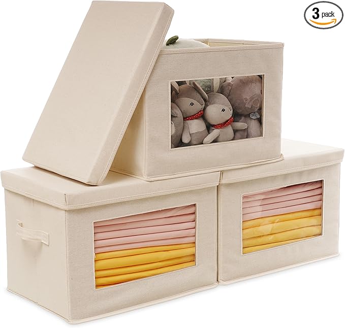 Citylife 3 Pack Storage Bins with Lids, Fabric Foldable Storage Bins with Soft Cord Handles, Canvas Storage Bin with Lid for Organizing Clothes, Blankets and Books, Beige