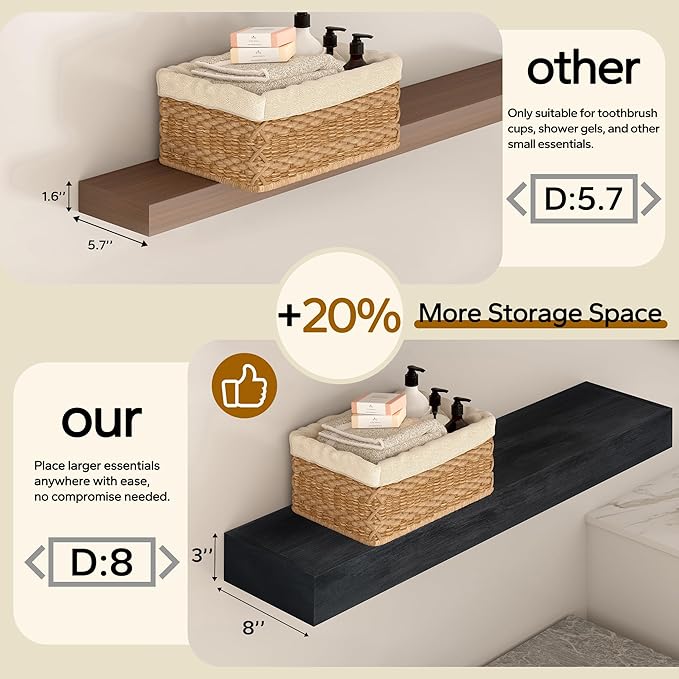 Floating Shelves 3 inch Thick for Wall Set of 2,Solid Pine Wood Wall Mount Shelf for Kitchen Living Room Bedroom Bathroom,8" D x 48" L x 3" H-Black