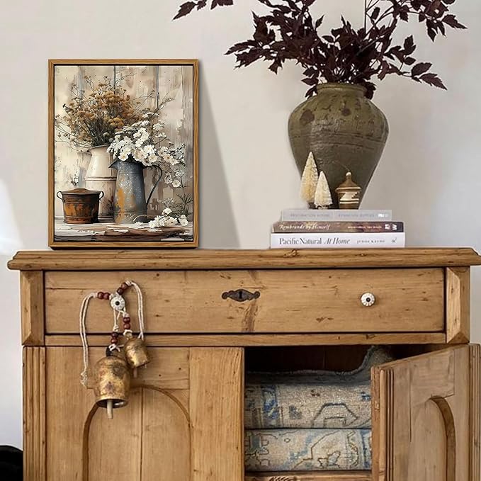 Floating Framed Farmhouse Vintage Canvas Wall Art, Country Floral Daisy Pictures Wall Decor, Wood Grain Art Paintings Poster for Living Room Bedroom Bathroom Rustic Decor 8x10 inch