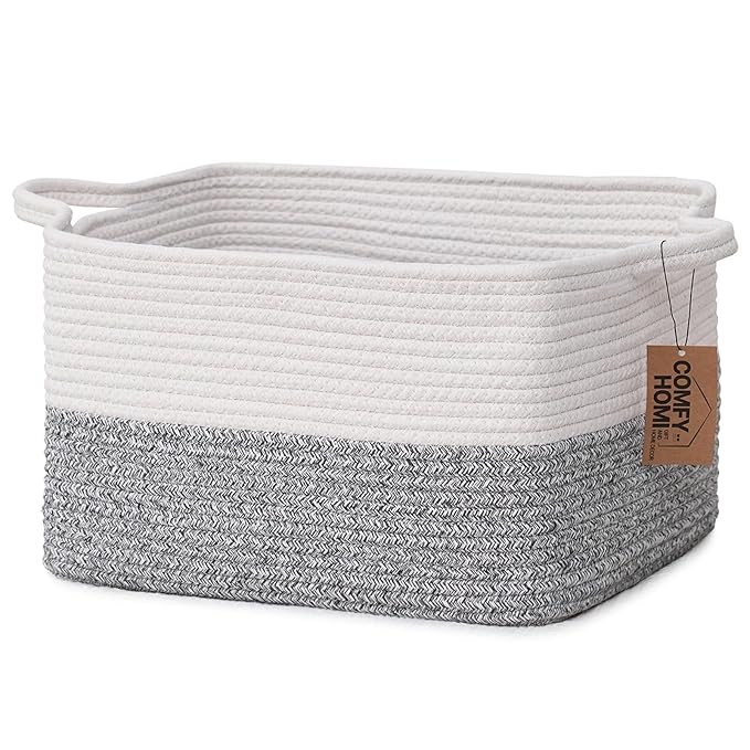 COMFY-HOMI Cotton Rope Woven Basket with Handles for Shelves,Toys,Book, Cloth Storage Baskets Bin for Organizing-13.5"x11"x9.5" Toy Decorative Organizer for Living Room, Bathroom-White/Grey
