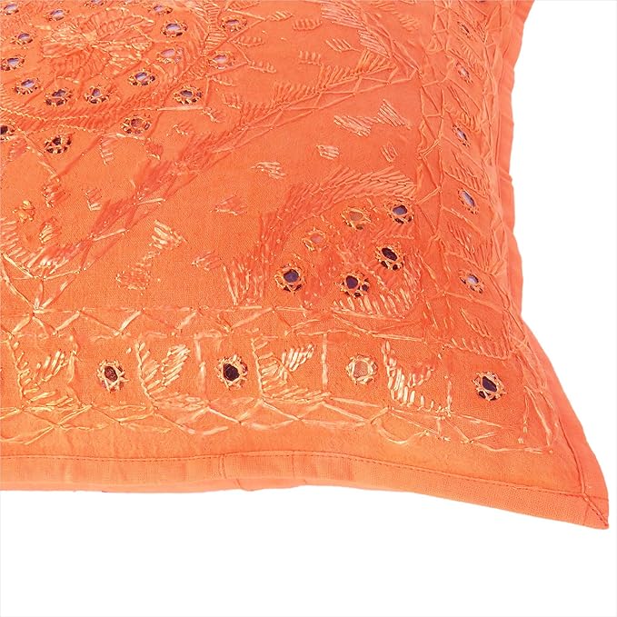 Eyes of India Embroidered Decorative Boho Throw Pillow Cover with Mirrors, Handmade Bohemian Accent Cushion Case for Sofa Couch Bedroom Living Room (Orange, 24" x 24")