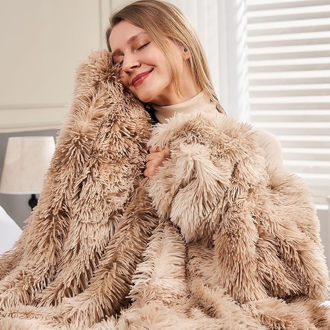 GONAAP Fuzzy Faux Fur Throw Blanket Queen Size Tie-dye Beige Super Soft Cozy Plush Fuzzy Shaggy Blanket for Couch Sofa Bed (Tie-dye Beige, Queen(90"x90"))