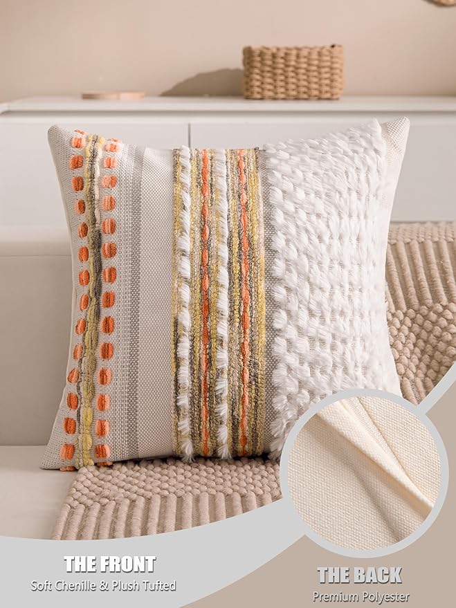 Fall Boho Chenille Tufted Throw Pillow Covers 18x18 Inch Set of 2 Farmhouse Striped Couch Decorative Pillow Covers Accent Neutral Pillowcase Yellow Orange Cushion Cover for Livingroom Sofa Bed