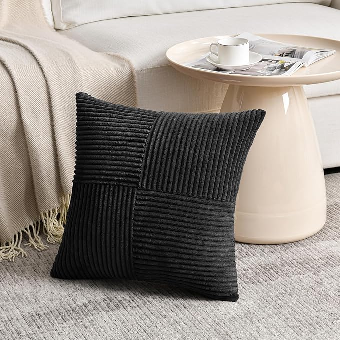 Fancy Homi 2 Packs Black Samll Decorative Throw Pillow Covers 14x14 Inch with for Couch Bed Sofa, Rustic Farmhouse Boho Home Decor, Soft Corss Patchwork Corduroy Square Cushion Case 35x35 cm
