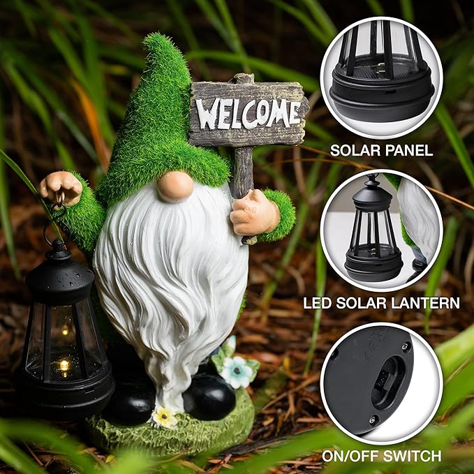 Garden Gnomes Outdoor with LED Solar Light - 11’’ Funny Gnome Decorations/ ornaments for Home/Yard/Patio Solar Lantern Garden Statues - Decor -Deals/clearance - Housewarming/Birthday Gifts