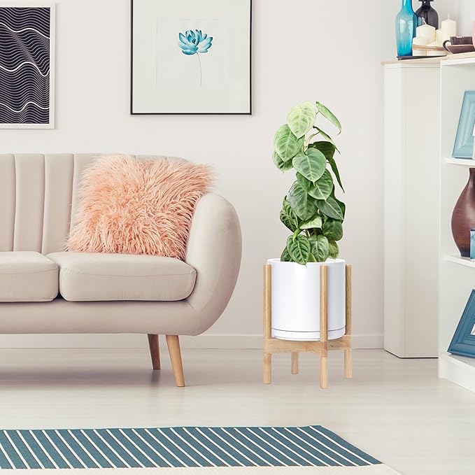 D'vine Dev Ceramic Planter with Natural Stand - 10 Inch Modern Round Flower Pot with Wood Planter Holder, White, 55-B-K-1