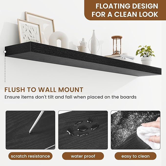 fuqing Floating Shelves for Wall, Bathroom Shelf Wall Mounted for Storage, Shelves with Invisible Bracket for Bedroom, Kitchen, Living Room, Farmhouse Small Book Shelf, 55 Inch Set of 2, Black