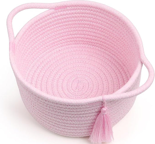 Empty Gift Basket – SweetMemo Mini Woven Rope Organizer Baskets for Gifting, Baby Shower, Desk, Makeup Brushes, Bathroom, Shelves – Small Decorative Storage Bin with Gift Bag & Ribbon – Blush Pink