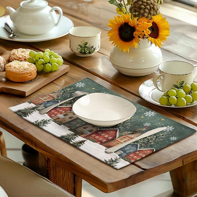 Christmas Placemats 12x18 Inch Set of 4, Winter Xmas Tree Wonderland Forest Village Town House Snowflake Linen Table Mats Washable Place Mats for Party Kitchen Dining Outdoor Indoor Decor