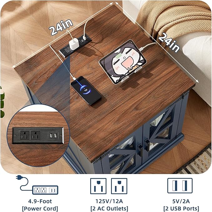 Farmhouse End Table Set of 2 with Charging Station, 24" Large Sofa Side Table with Glass Barn Door, Night Stand with Adjustable Shelf, Wood Nightstand, Square Bed Side Table for Living Room,Bedroom