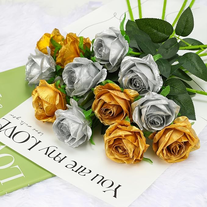 Gold Fake Roses Artificial Flowers - 16 Pcs Fake Artificial Roses Silk Flowers with Stems for Home Wedding Hotel Office Centerpiece Decor