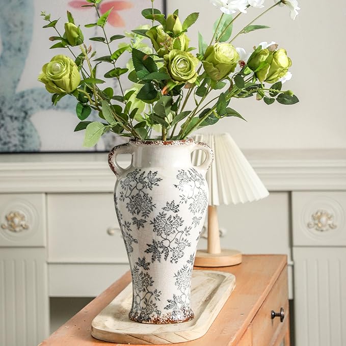 Enra Vintage vase with Handle,12.6 inch Blue and White Ceramic Decorative Flower vase, Chinoiserie Floral Vase,Large Rustic Vases for Home Decors, Living Room, Bookshelf, Office