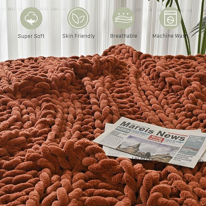 Esterra Chunky Knit Blanket Throw, 100% Handmade Chenille Throw Blanket 50"x60", Soft Thick Yarn Cable Knit Crochet Throw Blanket Rope Knot Throw for Couch Bed Sofa, Copper Brown