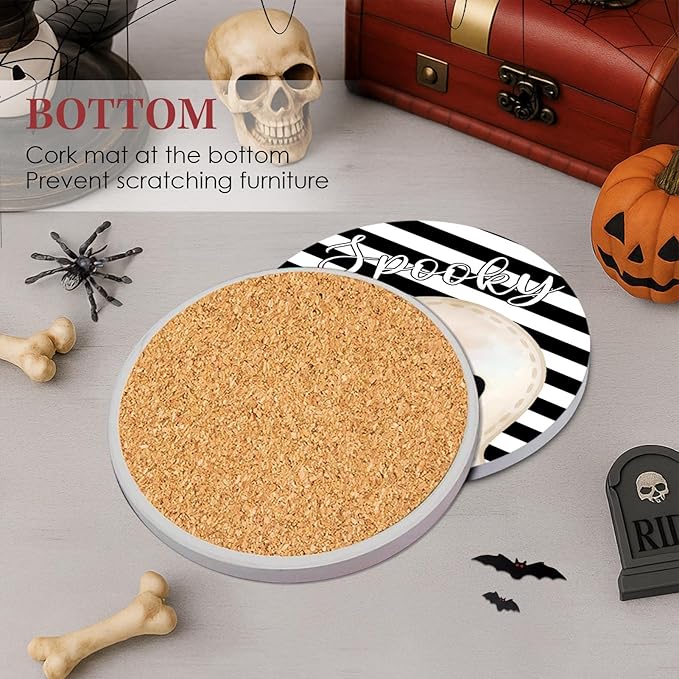 Coaster for Drinks Set of 6, Halloween Hey Boo Cute Ghost Spooky Black White Absorbent Round Ceramic Stone Mat, with Cork Base and Metal Holder, Gift for Housewarming Room Bar Decor