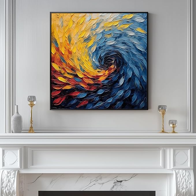 Framed Blue Modern Abstract Wall Art, Minimalist Large Canvas Paintings Artwork for Walls, Blue Yellow Art Prints Pictures for Living Room, Hallway, Bedroom, Office, Bathroom Wall Decor -24x24 Inch