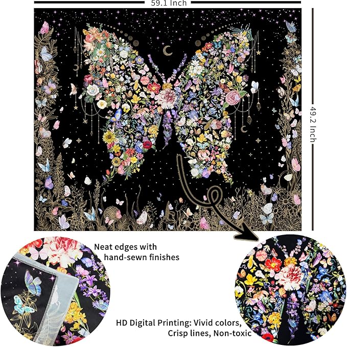 Damanse Butterfly Tapestry Wall Hanging Cute,Boho Wall Tapestry for Bedroom Aesthetic,Flower Living Room Decor for Teen Girls (Black, 49.20" x 59.10")