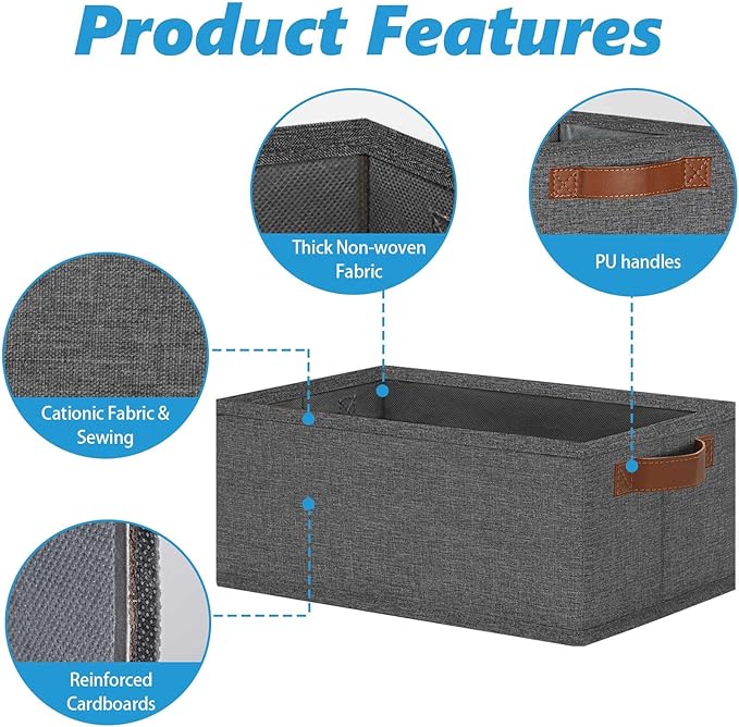GhvyenntteS Small Fabric Storage Bins 6 Pack, 11.8" x 7.87" x 5.11" Storage Basket with Leather Handles, Closet Storage Bins for Shelves, Storage Baskets for Shelves, DVD Storage (Grey)