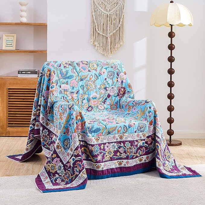 Fall Blanket for Bed, 100% Cotton Soft Rustic Boho Throw Blanket Quilt, 80"x90" Farmhouse Decor Bed Flower Blankets, Light Weight Reversible Bohemian Throw Quilt