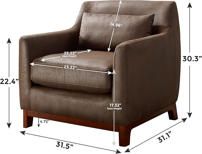 Extra Deep Accent Chair, Comfy Fabric Armchair with Wood Base, Upholstered Single Sofa Chair for Living Room & Bedroom, Faux Leather Dark Brown