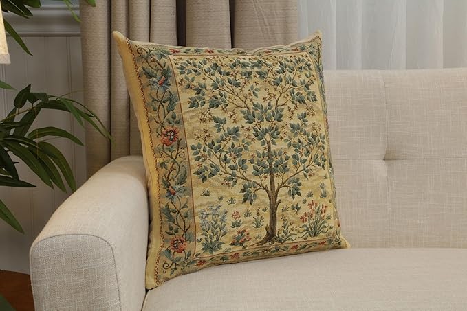 Charlotte Home Furnishings Throw Pillow Covers, Decorative Boho Pillow Covers for Couch, Light Tree of Life Square Cushion Cases 18x18 in, European Cotton Jacquard Woven for Cozy Bedroom Decor