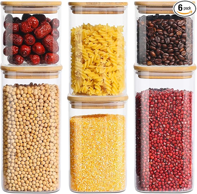 Glass Food Storage Jars with Lids(24oz/37oz/50oz)Square Set of 6 ,Glass Storage Containers Clear Glass Food Canister with Bamboo Lid Airtight For Serving Tea, Coffee Beans, Candy,Spice and More