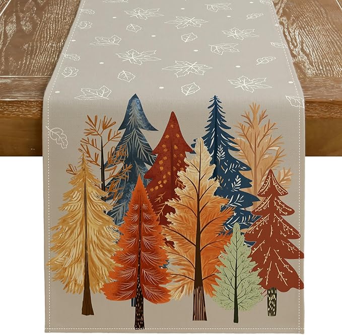 GEEORY Fall Watercolor Trees & Maple Leaves Table Runner 13x72 Inch, Rustic Farmhouse Autumn Thanksgiving Decor for Kitchen, Dining, Indoor/Outdoor Holiday Dinner Party Orange Grey GT159-72