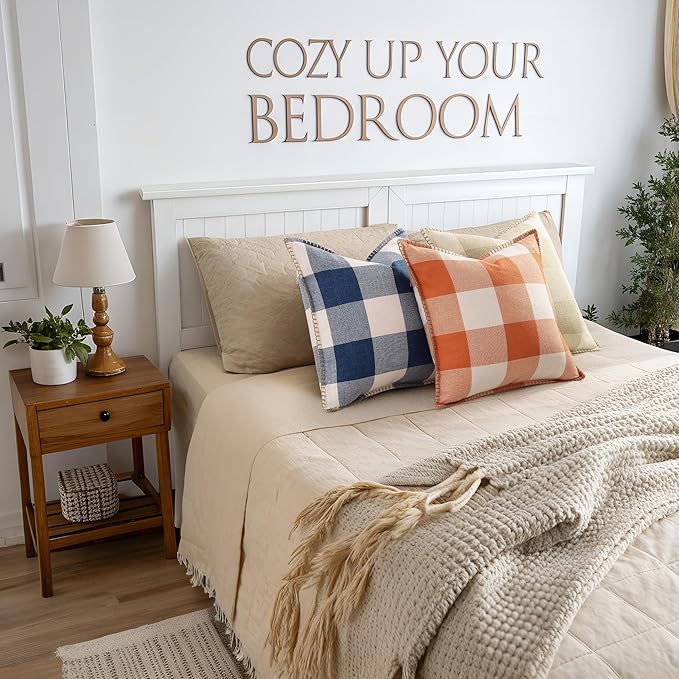 decorUhome Buffalo Plaid Check Throw Pillow Covers 16x16 Set of 2, Outdoor Decorative Farmhouse Neutral Pillow Covers with Stitched Edge for Bed Couch Sofa, Navy Blue and White